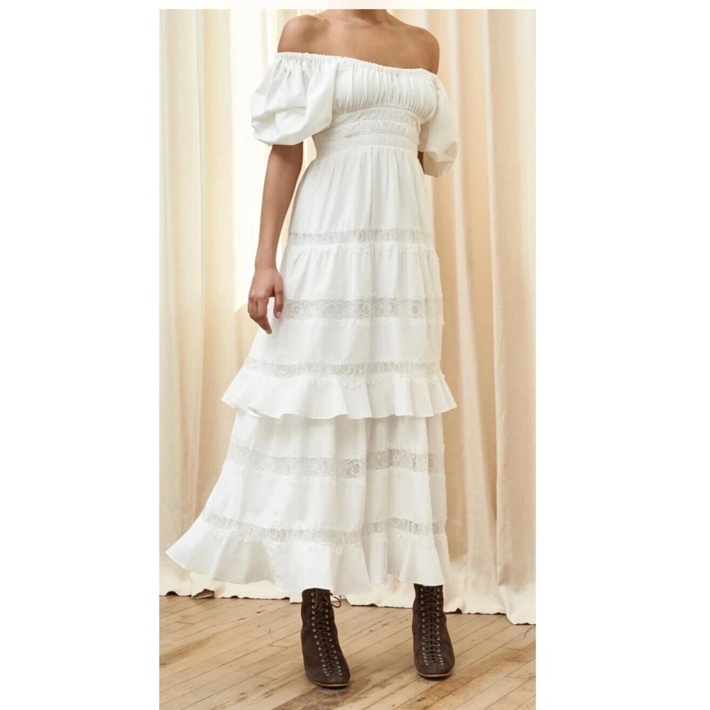 La Ligne Marguerite Dress S White Lace Tiered Puff Sleeve Maxi